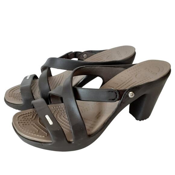 Crocs Cyprus IV Heel Sandals Womens 9 Espresso Strappy Block Heel Mushroom - Picture 1 of 9